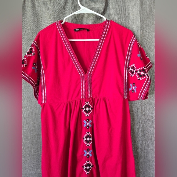 Zara Red Embroidered Poplin Tunic Midi Dress V Neck Short Sleeve XS Oversized - Picture 3 of 5